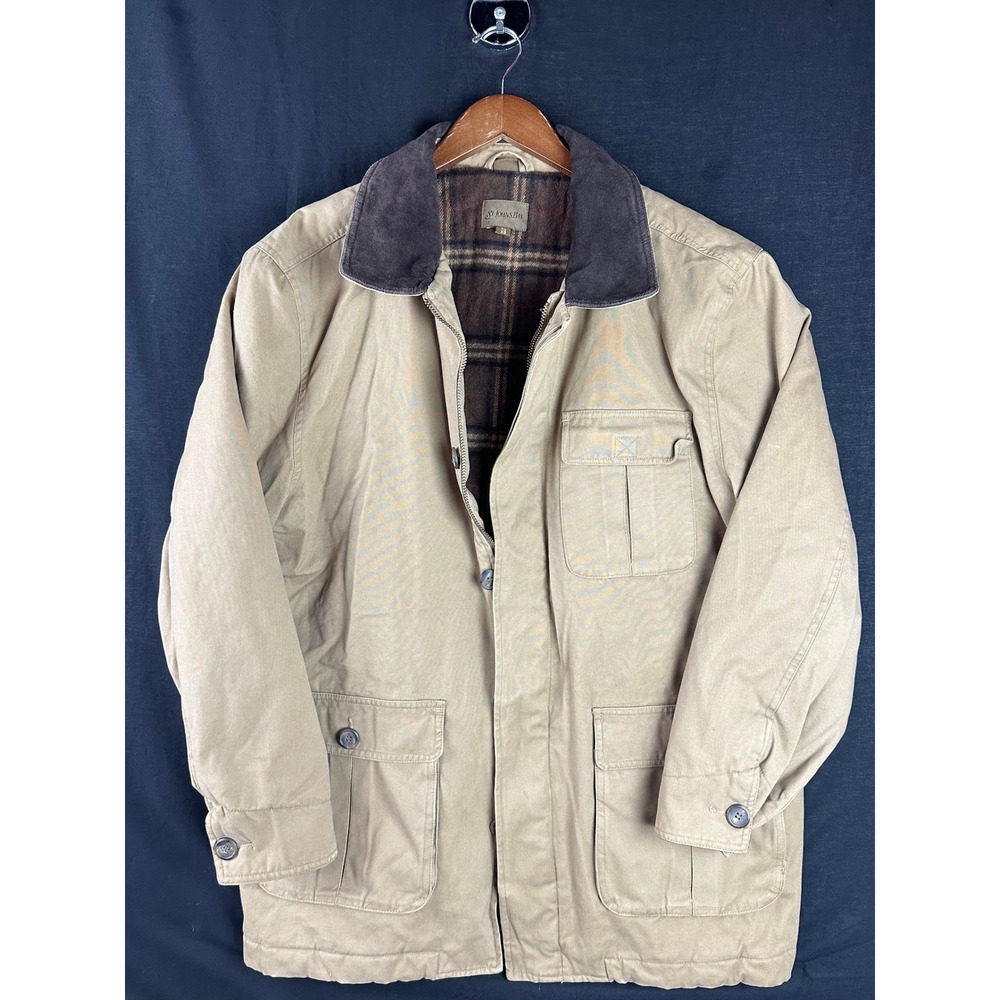 St Johns Bay Mens XL Tan Canvas Field Jacket Plaid Lined Leather Trim Barn Coat